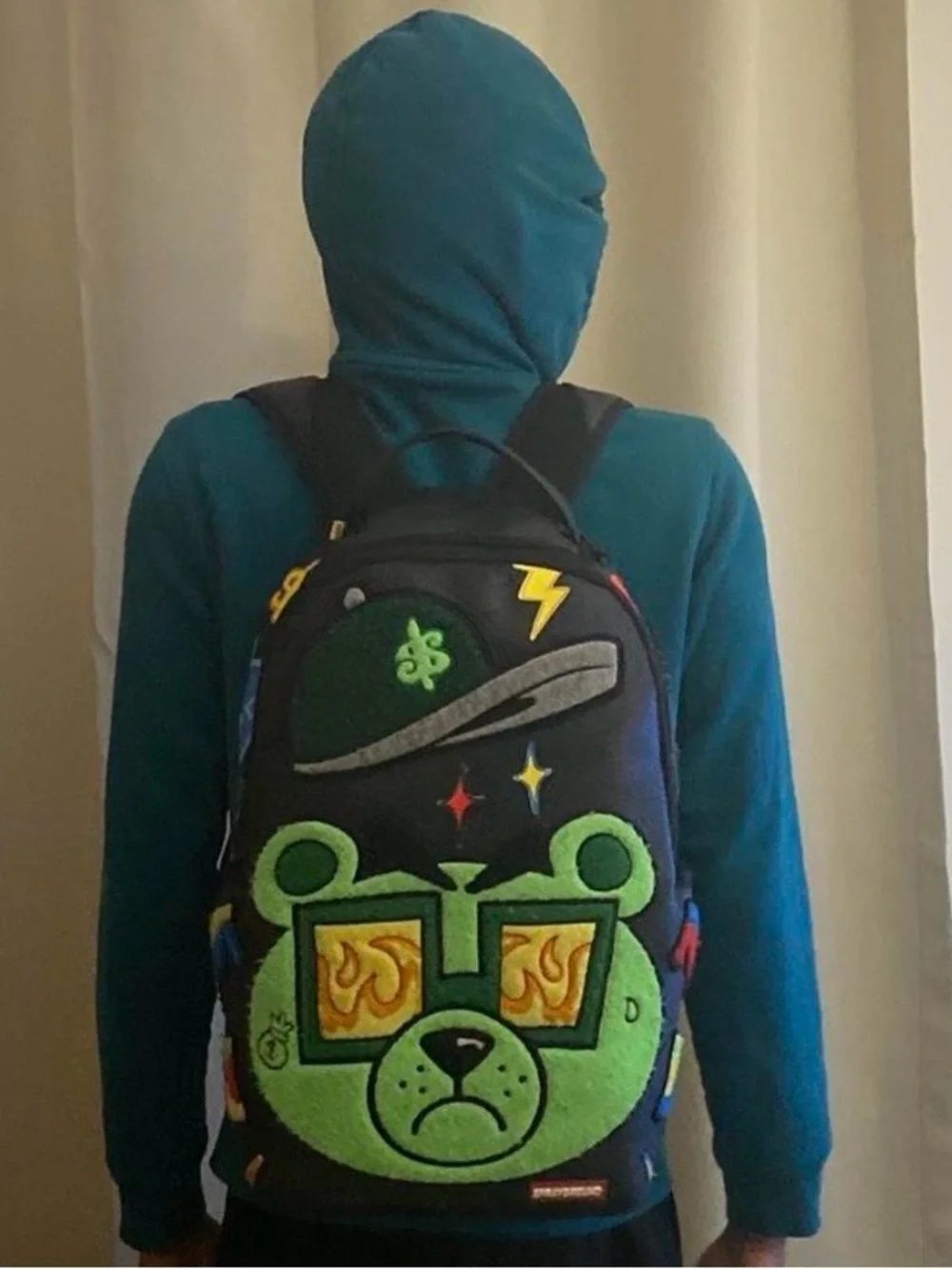 Black Backpack with Neon Green Bear Patch and Graphic Accents